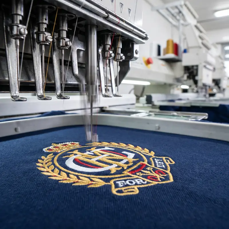 Embroidery machine stitching detailed logo on navy polo shirt