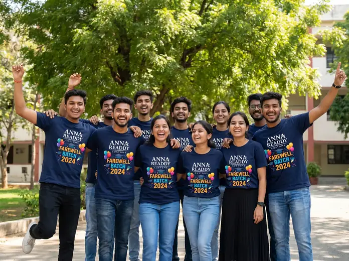 College farewell batch — Indian students wearing custom navy blue printed T-shirts