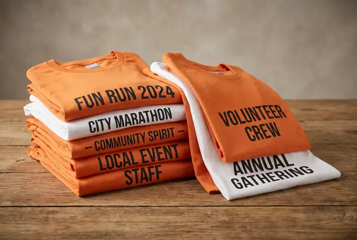 Stack of custom printed event T-shirts in orange and white