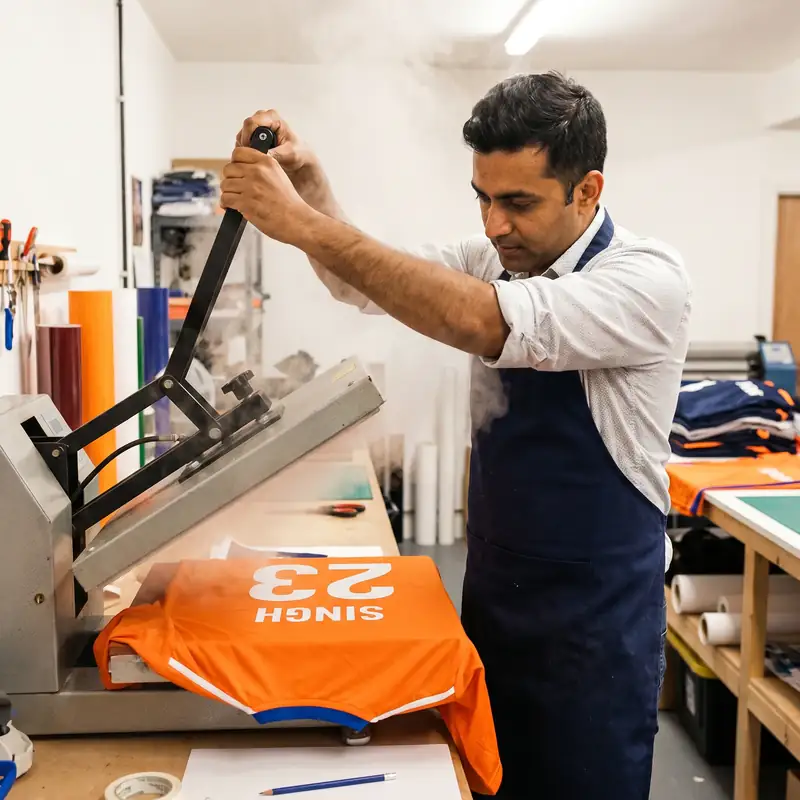 Heat press machine applying vinyl transfer to jersey