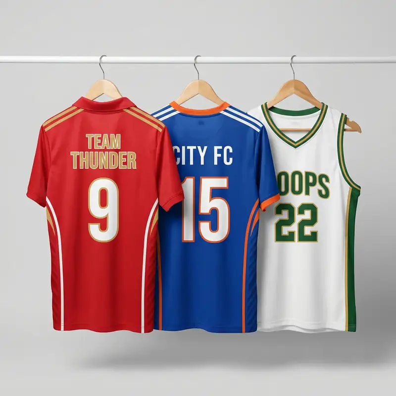 Custom sports jerseys on hangers — cricket, football, basketball team kits
