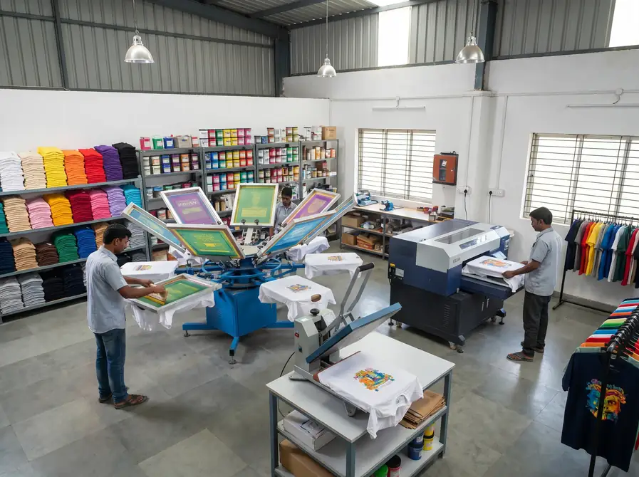 Anna Readdy Customs printing workshop — full view of screen printing and DTG equipment